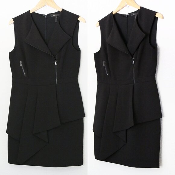 BCBGMaxAzria Black Nikki Zip Front Peplum Mini Dress 10 Stretchy Ponte Y2K $298 - Picture 4 of 14